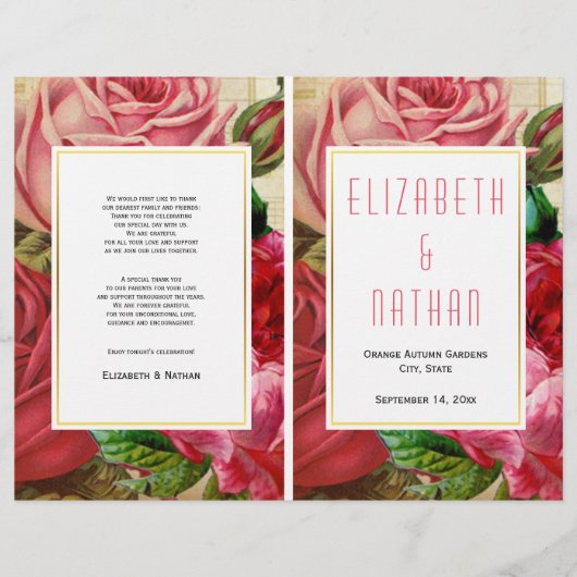 Joli programme de mariage plié roses roses vintage (Devant)
