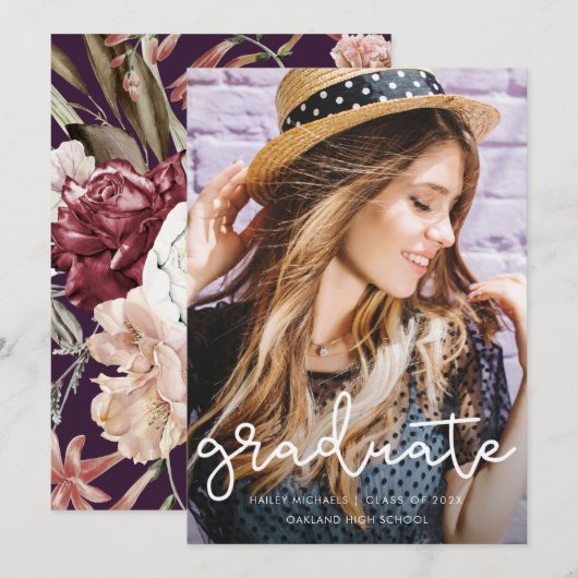 Joli Purple Floral Graduation Photo Faire-part (Devant / Derrière)