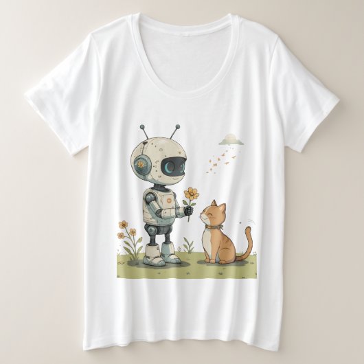 Joli Robot Offrant une Fleur à un Chat, une Illust (Design devant)