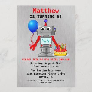 Joli Robot Rouge, Bleu & Gris Invitation Anniversa