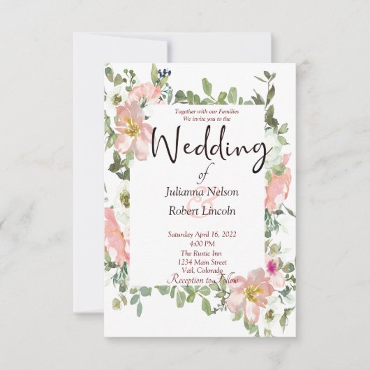 Joli rose aquarelle faire-part de mariage floral (Devant)