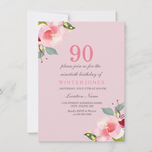 Joli rose Floral 90e anniversaire Invitation de fê (Devant)