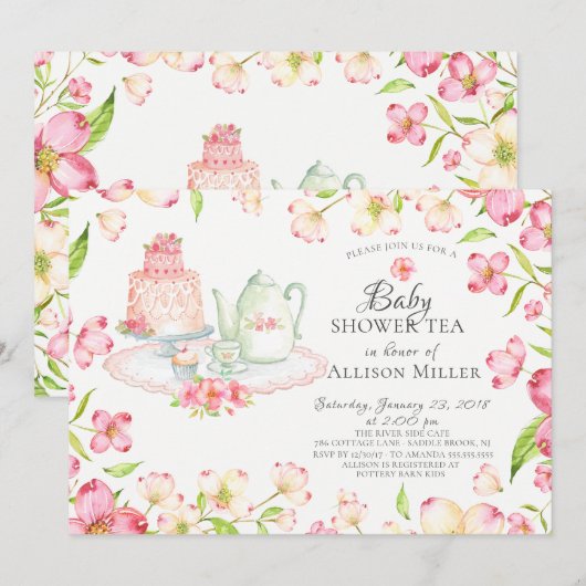 Joli rose Floral Baby Tea Party Invitation (Devant / Derrière)