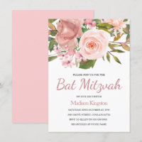 Joli Rose or rose Fleurs Bat mitzvah Invitation