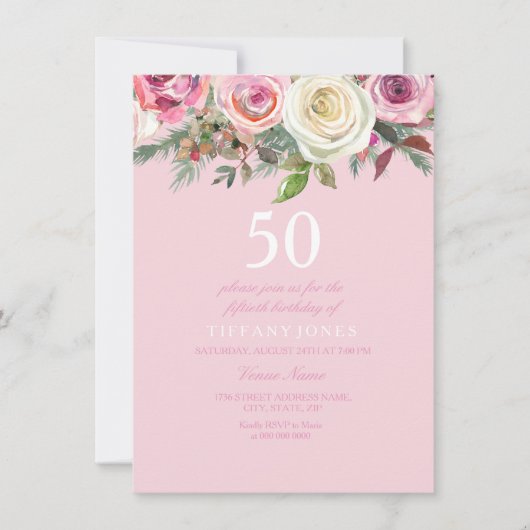 Joli rose rose florale 50e anniversaire Invitation (Devant)