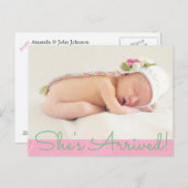 Joli rose "Shes Arrived" Faire-part de naissance b (Devant / Derrière)