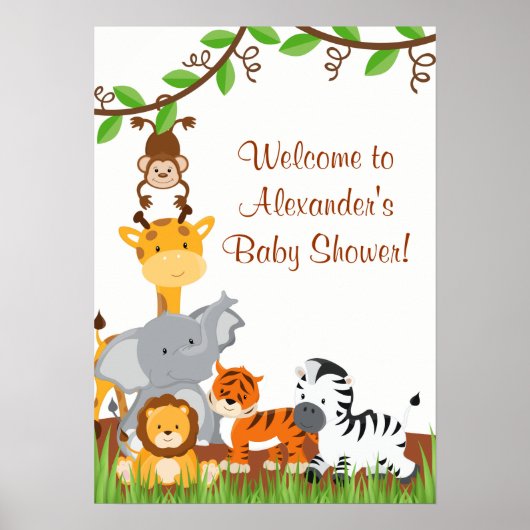 Joli Safari Jungle Animaux Baby Boy Shower Poster (Devant)