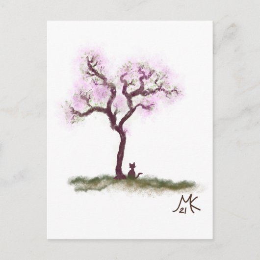 Joli Sakura Tree avec petite carte postale de chat (Devant)