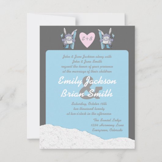 Joli skier lapin neige invitations de mariage pers (Devant)