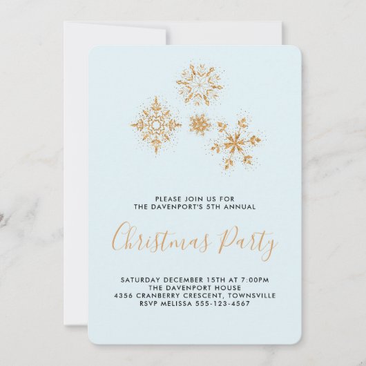 Joli Snowflakes Gold sur Blue, Invitation festif (Devant)