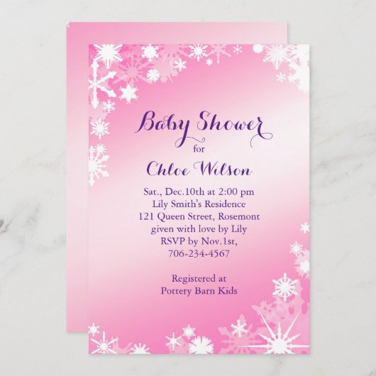 Joli Snowflakes rose Baby shower Invitation (Devant / Derrière)