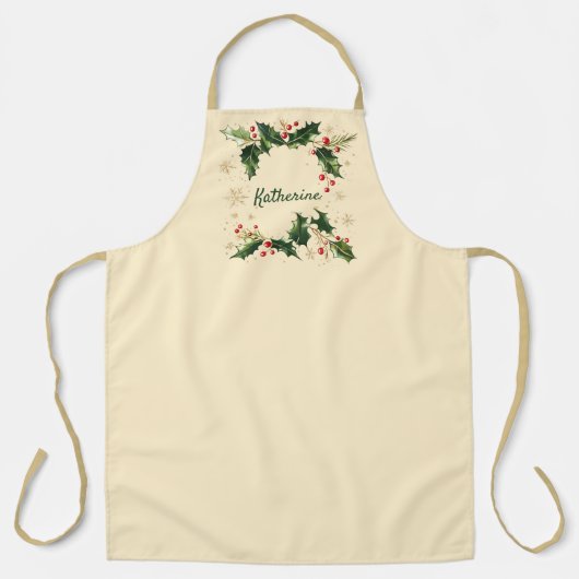 Joli tablier de Noël personnalisé Holly & flocons (Recto)