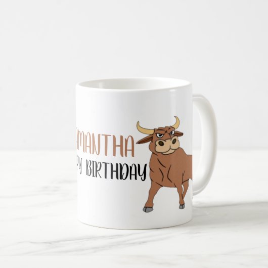 Joli Taureau Cartoon Anniversaire Mug de café (Devant droit)