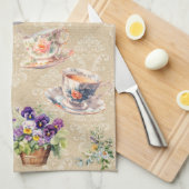 Joli Teacup Teapot Serviette Damas Floral Pansies (Quart Plié)
