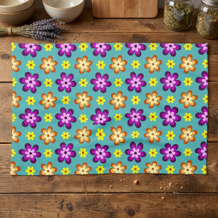 Joli torchon de cuisine aux fleurs rétro colorées