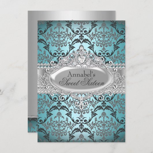 Joli Turquoise & Argent Damask Sweet 16 Invitation (Devant / Derrière)