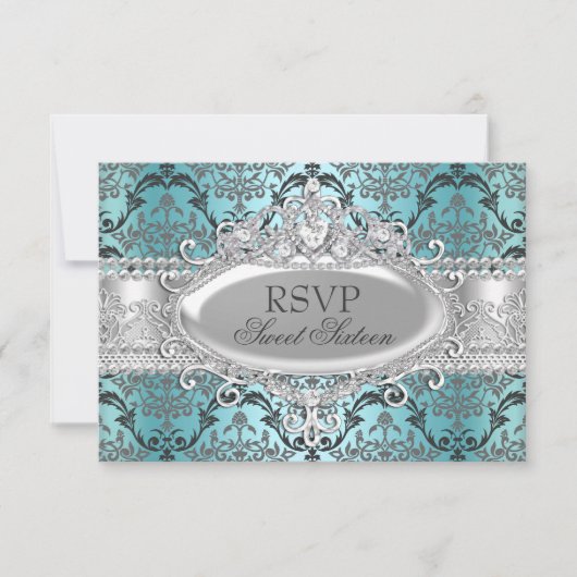 Joli Turquoise & Argent Damask Sweet 16 RSVP (Devant)