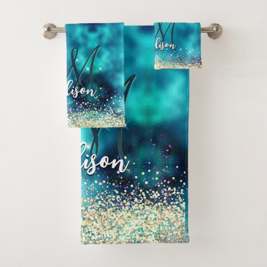 Joli turquoise or faux parties scintillant monogra (En situation)