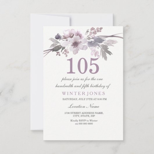 Joli Violet Floral 105e anniversaire Invitation de (Devant)