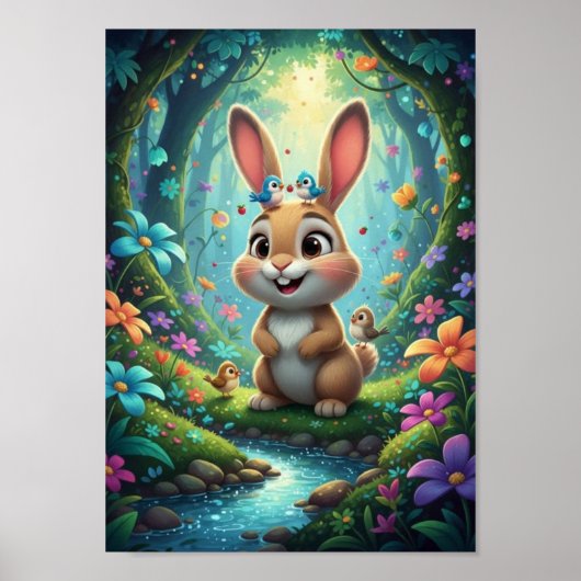 Jolie Affiche de Lapin de la Forêt avec des Oiseau (Devant)