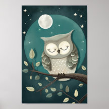 Jolie affiche d'un hibou dormant sous la Lune et l