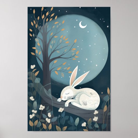 Jolie affiche d'un lapin dormant sous la Lune (Devant)