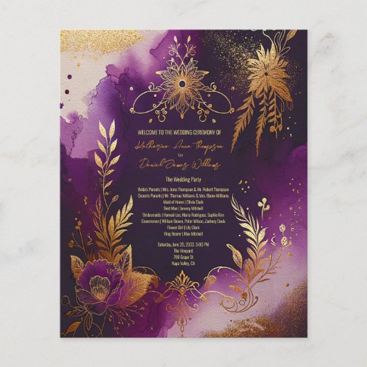Jolie aquarelle Purple et Gold Wedding Programme (Devant)