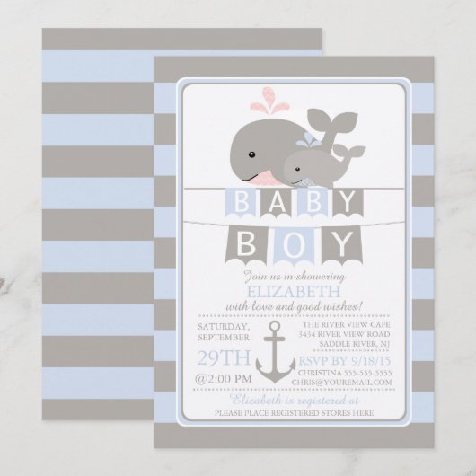 Jolie baleine Boy Baby shower Invitation (Devant / Derrière)