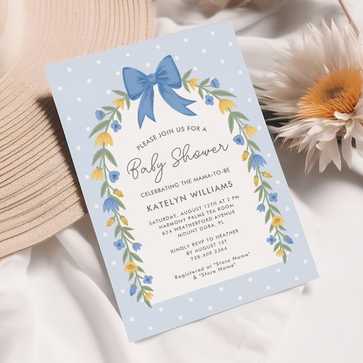 Jolie Bow Floral Baby shower Blue Invitation