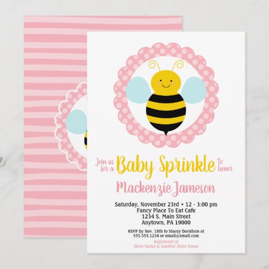 Jolie Bumble Bee Girls Baby Sprinkle Invitation (Devant / Derrière)