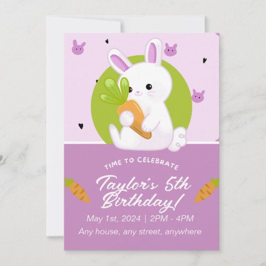 Jolie Bunny Invitation de fête d'anniversaire. Mod (Devant)