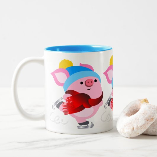 Jolie caricature Patinage sur glace Cochon Mug (Avec donut)