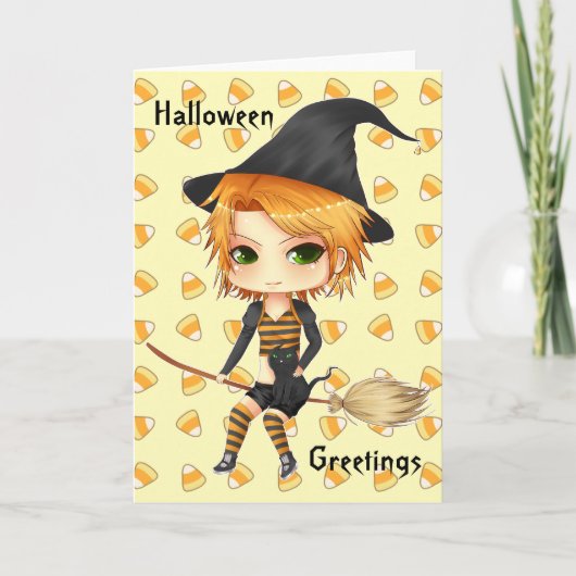 Jolie carte chibi sorcière Halloween pour votre te (Devant)