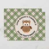 Jolie carte d'anniversaire de chouette verte à car (Devant / Derrière)