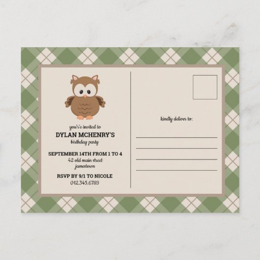 Jolie carte d'anniversaire de chouette verte à car (Dos)