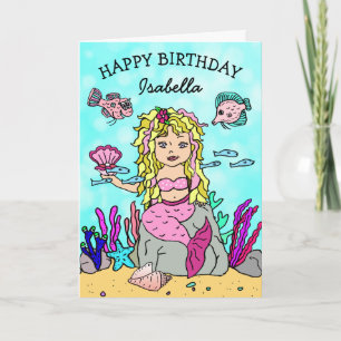 Jolie carte d'anniversaire de sirène rose et blond