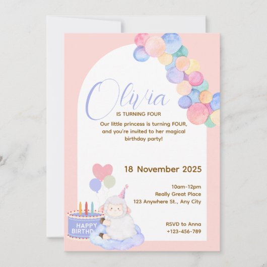 Jolie carte d'anniversaire rose princesse pour béb (Devant)