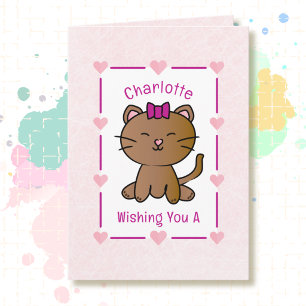 Jolie Carte de Chat Rose Dessin Animé Adorable Cha