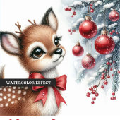 Jolie carte de Noël bébé cerf forêt enneigée aquar