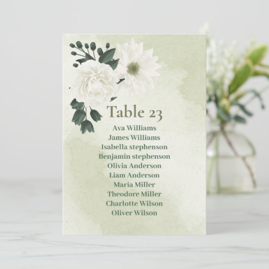 Jolie carte de plan de table avec fleurs blanches (Debout devant)