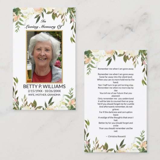 Jolie carte de prière blanc floral or d'antan (Devant / Derrière)