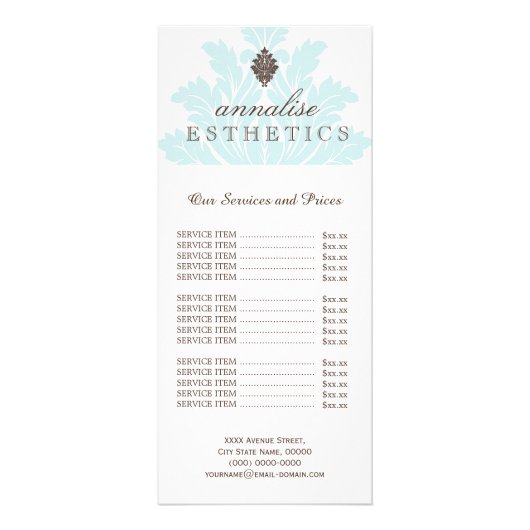 Jolie carte de prix du tarif Damas bleu (Devant)