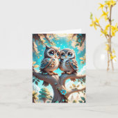 Jolie carte de vœux blanche aux chouettes chibi ka (Fleur jaune)