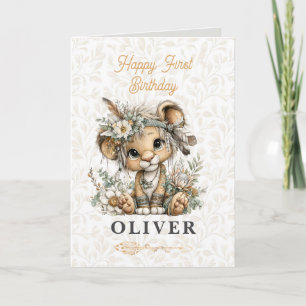 Jolie carte de vœux de lion floral pour 1er annive