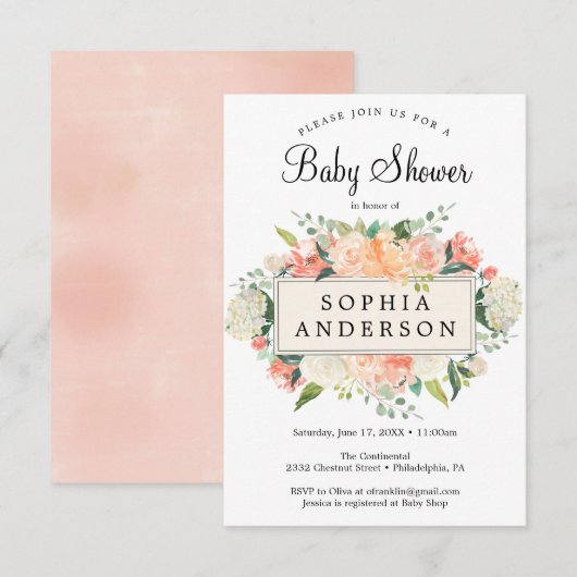 Jolie carte d'invitation Baby shower Peach (Devant / Derrière)