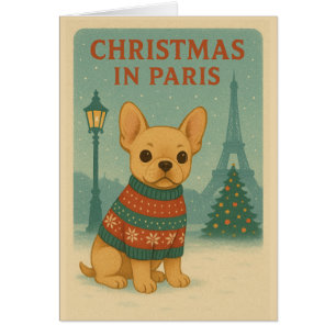 Jolie carte pliée de Noël à Paris avec Bouledogue