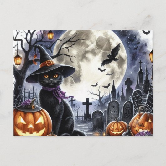 Jolie carte postale d'Halloween de chat noir (Devant)