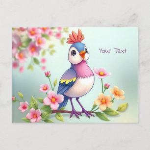Jolie carte postale florale d'oiseau bleu rose