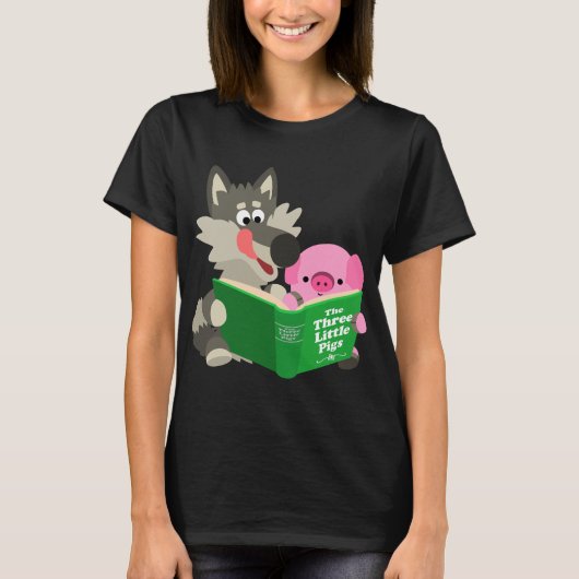 Jolie Cartoon Cochon Et Loup Lecture T-shirt Femme (Devant)