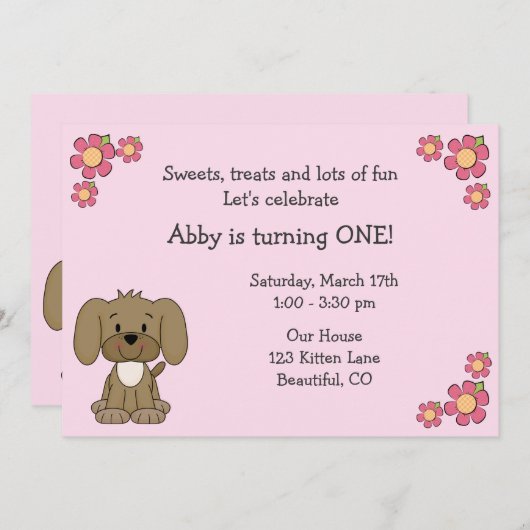 Jolie chiot 1er anniversaire Invitation pour les f (Devant / Derrière)